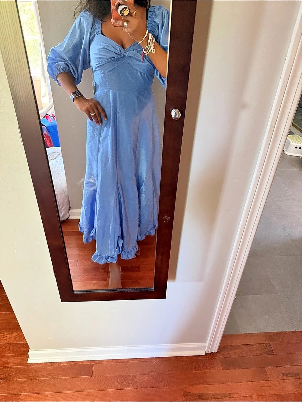 Hutch Twist-Front Puff-Sleeve Ruffle-Hem Dress Blue Maxi Dress - Picture 2 of 2